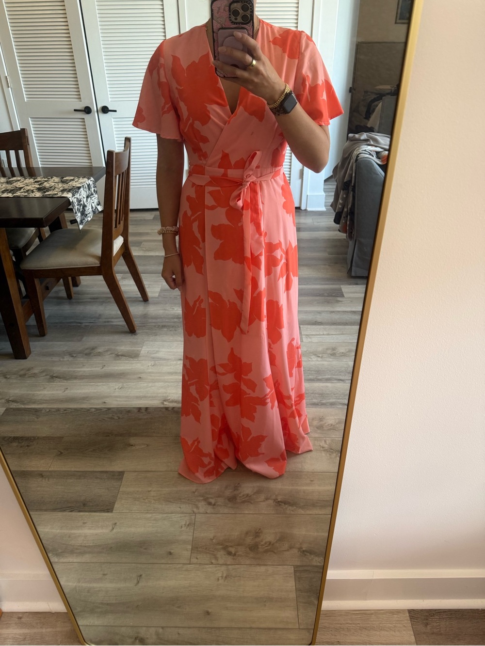 Anthropologie Pink and Coral Floral Wrap Maxi Dress